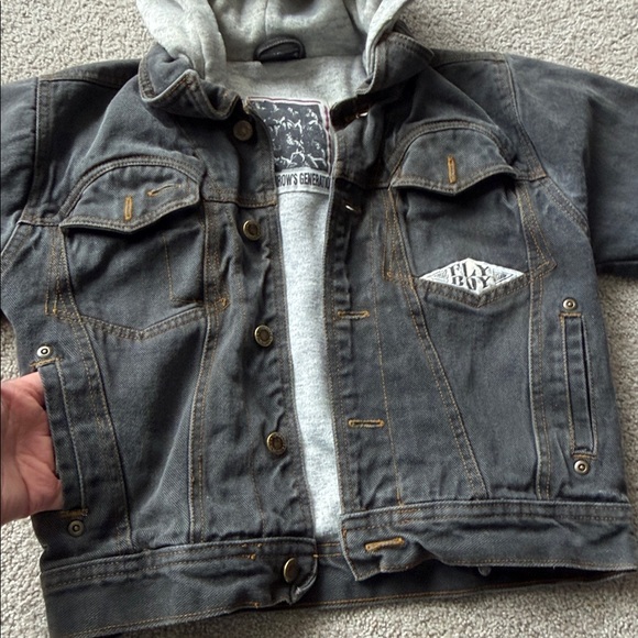Tomorrow’s Generation FLY BOY size 10 Kids Black Denim Jacket with gray Hood - Picture 4 of 10